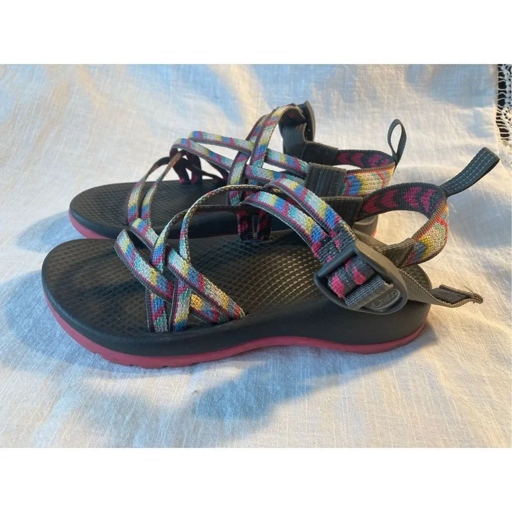 Chaco Kids Black Footbed Sandals with Multicolor Webbing and Pink Midsole